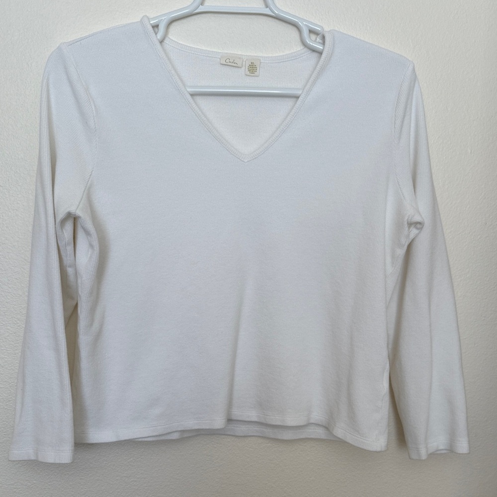 Caslon White Waffle Weave Long Sleeve V-Neck Top